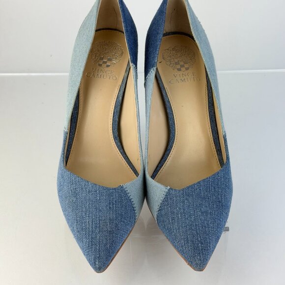 Vince Camuto Patchwork Denim Flare Heel Pumps 4" Classic Pointed Toe 9.5M - Picture 3 of 10
